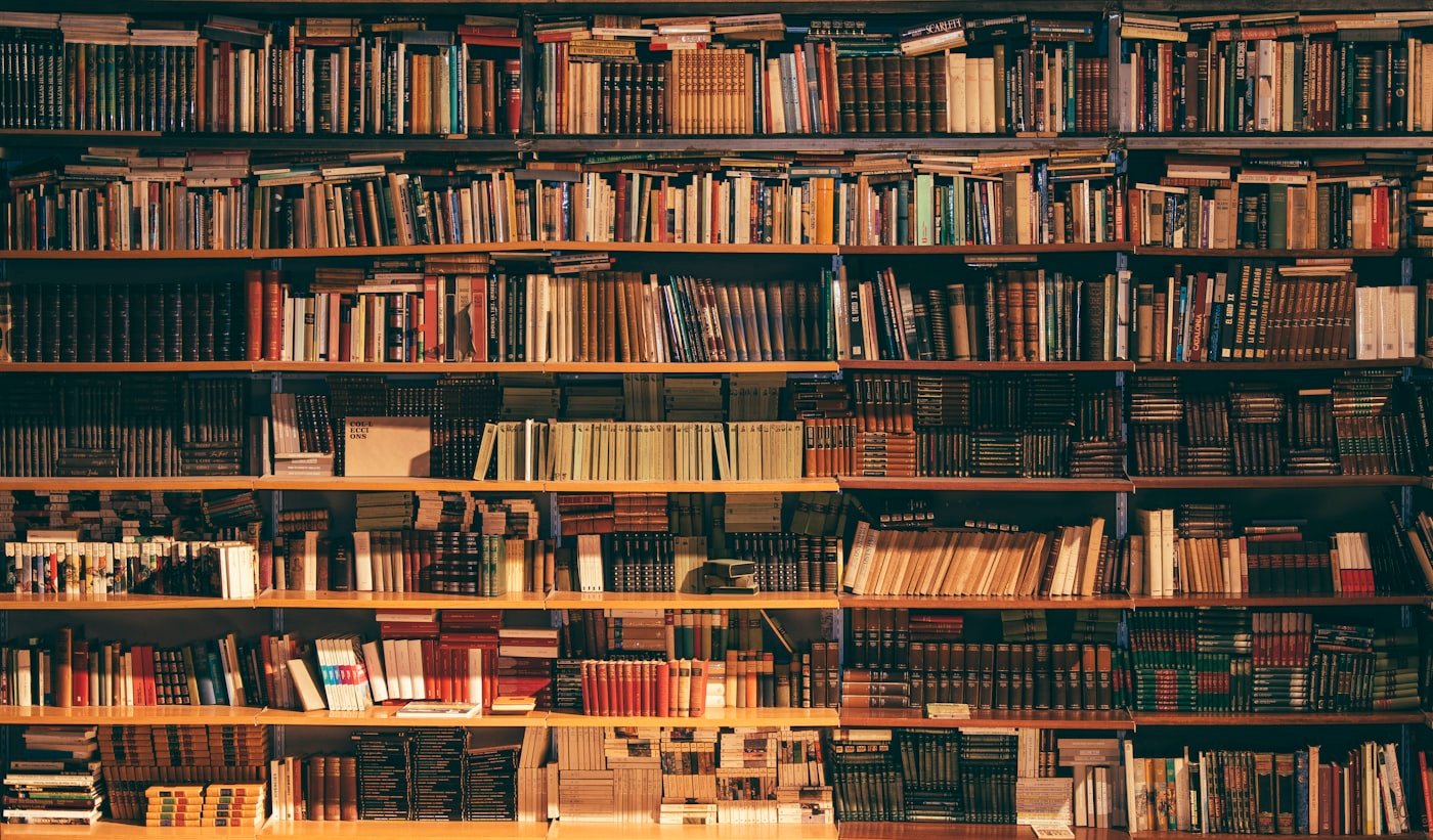 Bookshelves in a reading room with warm light