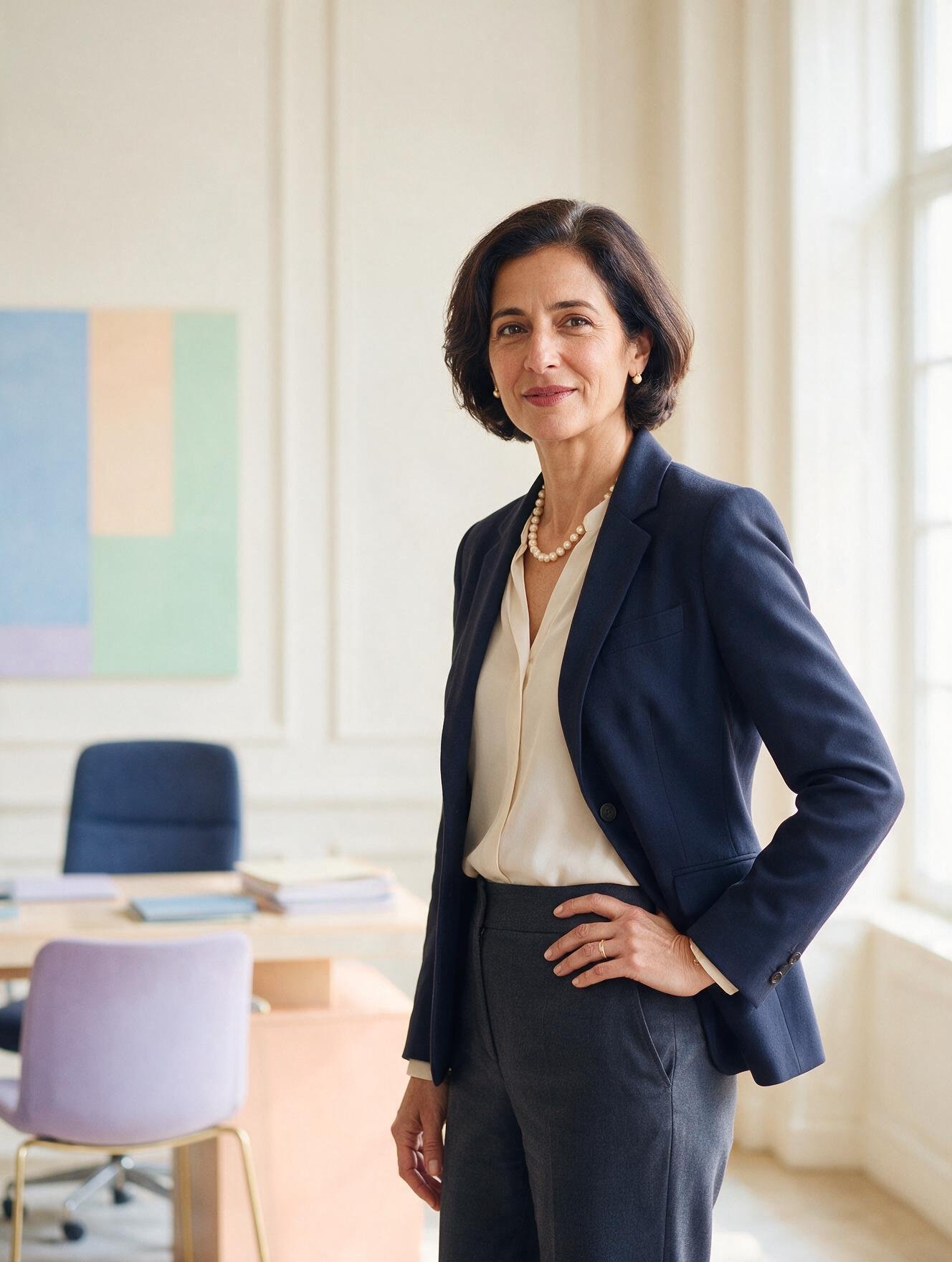 Female intellectual property lawyer in a luminous ivory contemporary office